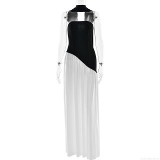 Women Sexy Backless Strapless Maxi Dress Milk Silk Polyester Patchwork Side Slit Streamer Long Evening Party Dress Sexy Nightclub Slim Fit Gown