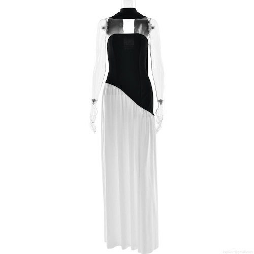 Women Sexy Backless Strapless Maxi Dress Milk Silk Polyester Patchwork Side Slit Streamer Long Evening Party Dress Sexy Nightclub Slim Fit Gown
