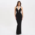Elegant Halter Maxi Dress For Women Sexy Backless Contrast Lapel Side Split Evening Party Gown Polyester High Waist Slim Fit Spring Summer Dress