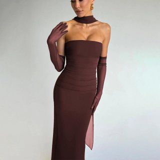 Elegant Strapless Backless Bodycon Maxi Dress For Women With Neckband And Long Gloves Sexy Tube Top Party Evening Club Gown