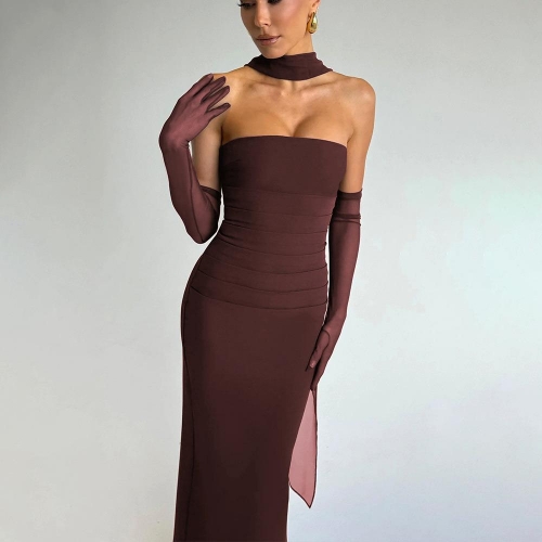 Elegant Strapless Backless Bodycon Maxi Dress For Women With Neckband And Long Gloves Sexy Tube Top Party Evening Club Gown