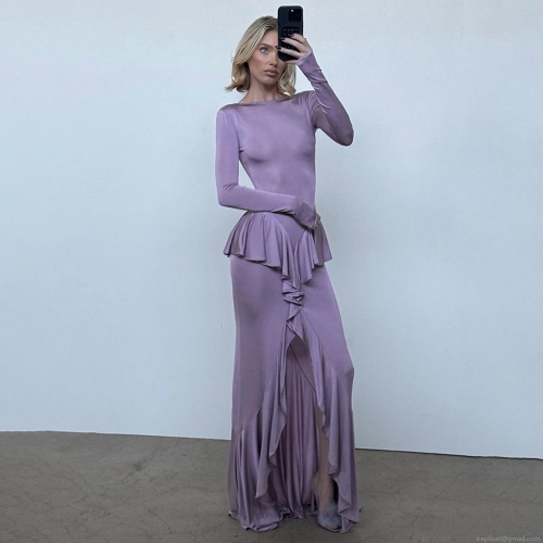 Sexy Backless Maxi Dress For Women Elegant Ruffle Trim Side Slit Long Sleeve Floor Length Milk Silk Polyester Slim Fit Evening Gown For Wedding Party Dating