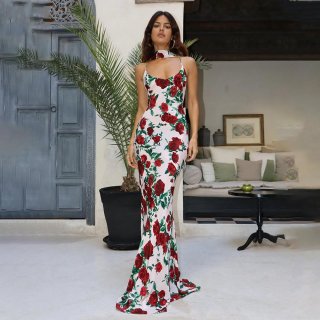 Sexy Women Rose Floral Print Maxi Dress Polyester Backless V Neck Slim Mermaid Long Gown With Choker Scarf Sleeveless Hot Girl Summer Party Evening