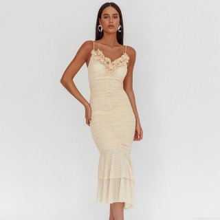 Women's Sexy Ruched Mesh Fishtail Maxi Dress Sleeveless V Neck Backless Ruffle Long Gown For Evening Party Club Bodycon Polyester Milk Silk Dress