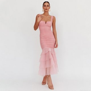 Women Sexy Spaghetti Strap Maxi Dress Ruched Bodycon Fishtail Mesh Patchwork Sleeveless V Neck Evening Party Elegant Long Dress Clubwear