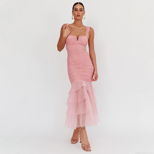 Women Sexy Spaghetti Strap Maxi Dress Ruched Bodycon Fishtail Mesh Patchwork Sleeveless V Neck Evening Party Elegant Long Dress Clubwear