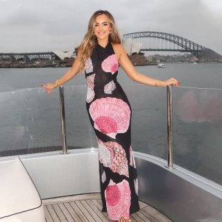 Elegant French Sexy Halter Maxi Dress Women Backless Slim Fit Seashell Print Polyester Mesh Milk Silk Long Dress For Beach Vacation Party Summer