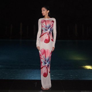 Sexy Mesh Floral Print Bodycon Maxi Dress For Women Summer 2025 Fashion Long Sleeve See-Through Long Dresses Evening Party Clubwear