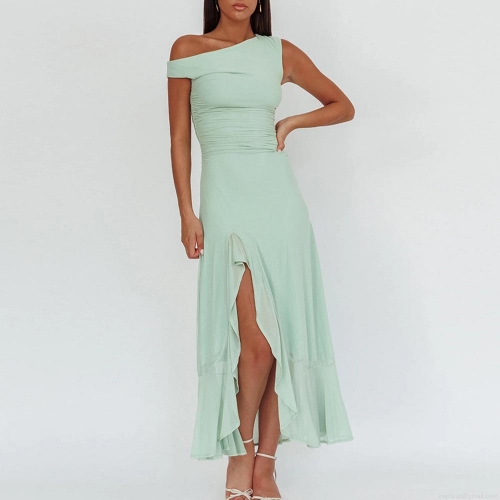 Women Sexy One Shoulder Mesh Maxi Dress Elegant High Slit Ruffle Hem Ruched Bodycon Evening Party Gown Cocktail Wedding Guest Dress