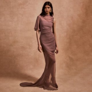 Women's Sexy Asymmetric Single Shoulder Ruched Chiffon Maxi Dress High Split Mesh Patchwork Sleeveless Evening Party Gown Elegant Solid Color Bodycon Long Dress