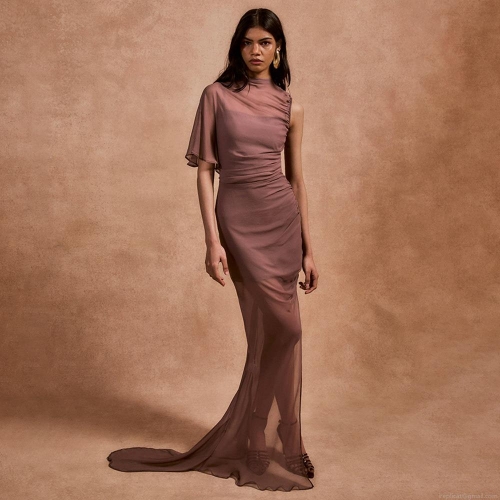 Women's Sexy Asymmetric Single Shoulder Ruched Chiffon Maxi Dress High Split Mesh Patchwork Sleeveless Evening Party Gown Elegant Solid Color Bodycon Long Dress