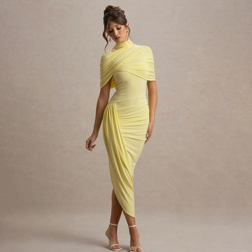 Sexy Backless Pleated Maxi Dress Women Milk Silk Draped Shawl Design Bodycon Party Evening Dress Elegant Slim Fit Long Clubwear