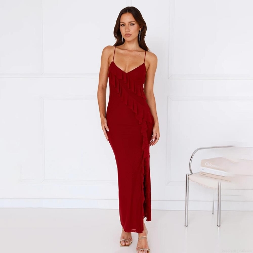 Women's Sexy Backless V-Neck Spaghetti Strap Maxi Dress Summer Ruffle Side Slit Mesh Milk Silk Solid Color Bodycon Long Party Dress