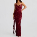 Sexy Halter V-Neck Lace Maxi Dress Backless Tiered Ruffles Slim Fit Evening Gown For Women Party Wedding Clubwear Night Out Dress