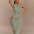 Women Sexy One-Shoulder Hollow Out Pleated Maxi Dress Polyester Spandex Mesh Patchwork Slim Fit Sleeveless Party Evening Long Dress