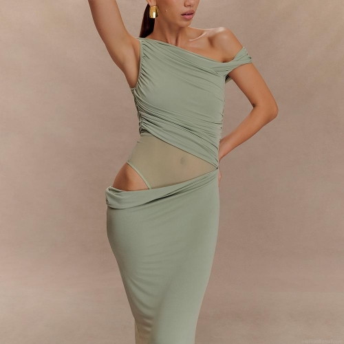 Women Sexy One-Shoulder Hollow Out Pleated Maxi Dress Polyester Spandex Mesh Patchwork Slim Fit Sleeveless Party Evening Long Dress