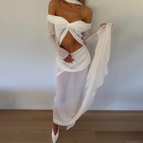 Sexy Off Shoulder Long Sleeve Maxi Dress For Women Chiffon Twist Hollow Out Ruched Summer Beach Party Vacation Dresses