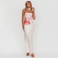 Elegant Floral Print Strapless Satin Maxi Dress Women Summer Sleeveless Backless Side Slit Long Party Dress With Neck Scarf European Style Banquet Vacation Evening Wear