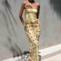 Women Sexy Polka Dot Patchwork Tube Top Maxi Dress Hollow Out Slim Fit Sleeveless Milk Silk Chiffon Long Dress For Summer Vacation Party Evening Clubwear