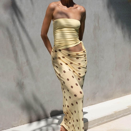 Women Sexy Polka Dot Patchwork Tube Top Maxi Dress Hollow Out Slim Fit Sleeveless Milk Silk Chiffon Long Dress For Summer Vacation Party Evening Clubwear