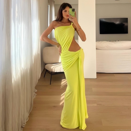 Sexy One Shoulder Cutout Maxi Dress For Women Ruched Backless Bodycon Evening Party Long Dress Elegant Polyester Milk Silk Summer Clubwear