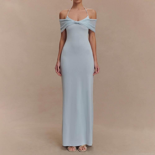 Sexy Halter Neck Off Shoulder Maxi Dress For Women Solid Color Backless Ruched Mesh Patchwork Bodycon Long Dress Elegant Evening Party Clubwear