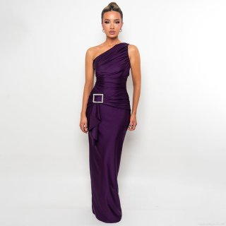 Elegant One Shoulder Ruched Polyester Spandex Maxi Dress With Rhinestone Buckle Women's Sexy Sleeveless Bodycon Evening Party Long Dress