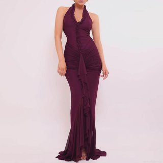 Sexy Deep V Halter Neck Maxi Dress For Women Ruffle Split Pleated Backless Milk Silk Bodycon Evening Party Night Club Long Dresses