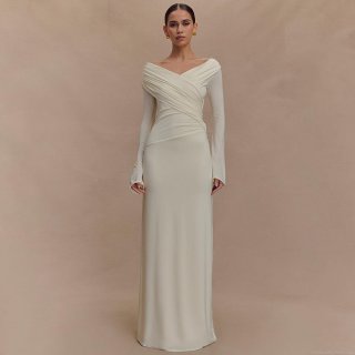 Women's Sexy V-Neck Ruched Maxi Dress Elegant Off-Shoulder Long Sleeve Bodycon Evening Party Long Dress Solid Color Milk Silk Slim Fit Clubwear