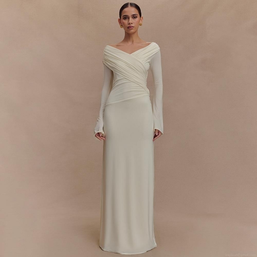 Women's Sexy V-Neck Ruched Maxi Dress Elegant Off-Shoulder Long Sleeve Bodycon Evening Party Long Dress Solid Color Milk Silk Slim Fit Clubwear