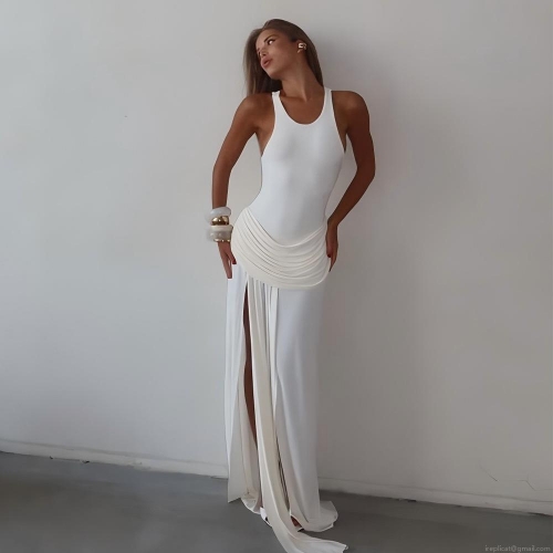 Women Sexy Elegant Solid Sleeveless Round Neck High Waist Pleated Side Split Maxi Dress Milk Silk Floor Length Summer Vacation Club Party Long Dress