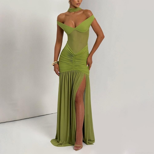 Women's Sexy Tube Top Mesh Ruched Split Maxi Dress Backless Polyester Bodycon Evening Party Long Dress For Summer