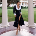 Elegant Lapel Contrast Collar Maxi Dress Women Sexy High Slit Button Up Long Sleeve Printed Long Dress Casual Slim Fit Party Dress Fashion Streetwear