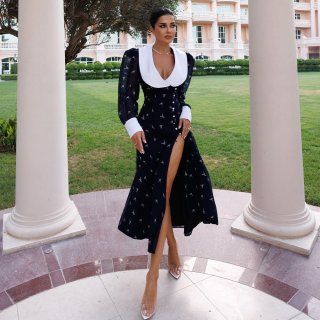 Elegant Lapel Contrast Collar Maxi Dress Women Sexy High Slit Button Up Long Sleeve Printed Long Dress Casual Slim Fit Party Dress Fashion Streetwear