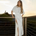 Women Sexy Backless High Slit Maxi Dress Elegant Satin Polyester Twist Front Short Sleeve Round Neck Solid Color Slim Fit Long Dress for Summer Party Vacation Night Out