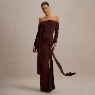 Elegant Off-The-Shoulder Ruched Maxi Dress Polyester Spandex Slim Fit Long Sleeve Drape Evening Gown Party Streetwear For Women