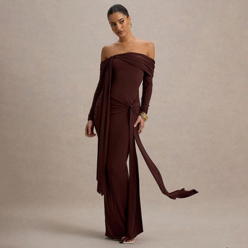 Elegant Off-The-Shoulder Ruched Maxi Dress Polyester Spandex Slim Fit Long Sleeve Drape Evening Gown Party Streetwear For Women