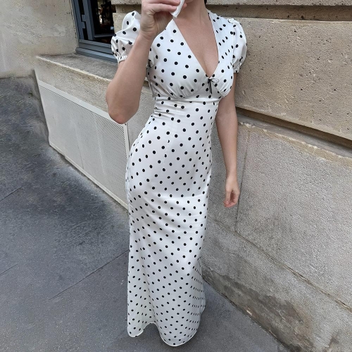 Women's Polka Dot V Neck Puff Sleeve Maxi Dress Sexy Slim Fit Satin Polyester Long Dress For Party Club Streetwear Lady