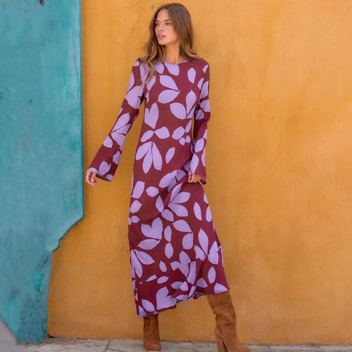 Women's Elegant Floral Printed Long Sleeve Slim Fit Maxi Dress Sexy Round Neck High Waist Flared Sleeve Polyester Milk Silk A-Line Long Skirt For Streetwear Casual Party Holiday Evening