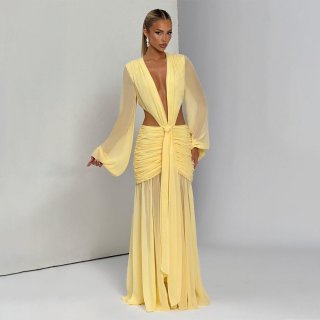 Elegant Chiffon Maxi Dress Deep V Neck Cutout Ruched Long Sleeve Sexy Backless Lace-Up Evening Party Vacation Long Skirt for Women