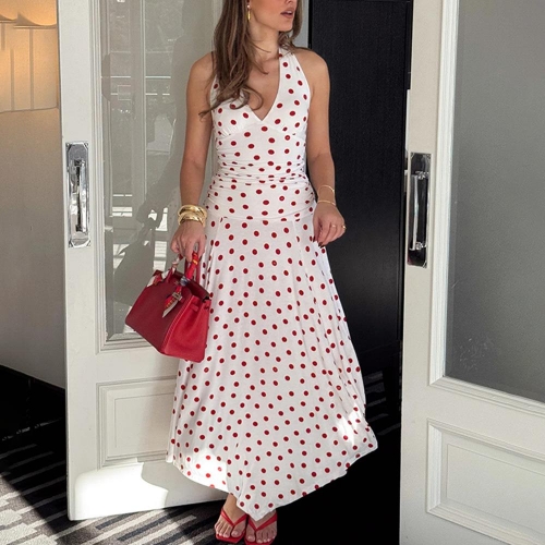 Women Sexy Backless Halter Maxi Dress Polka Dot Print V-Neck Pleated A-Line Long Dress For Summer Vacation Party Milk Silk Polyester