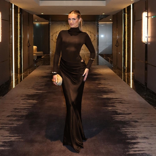 Women Sexy Bodycon Maxi Dress Mock Neck Long Sleeve Patchwork Satin Milk Silk Elegant Party Club Evening Dress Solid Color Back Cutout Pleated Slim Fit