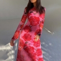 Women's Sexy See-Through Mesh Floral Print Maxi Dress Long Sleeve Round Neck High Elastic Bodycon Long Skirt For Party Vacation Streetwear