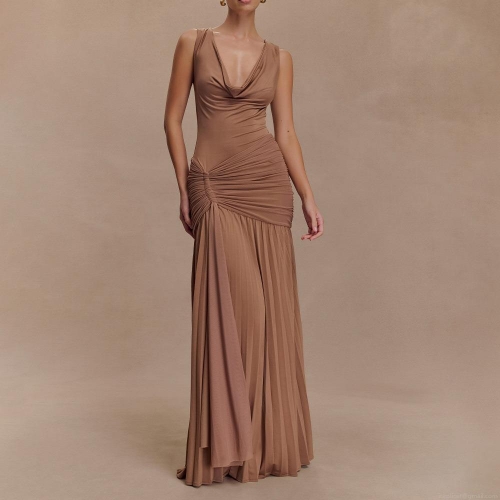 Women's Sexy Cowl Neck Sleeveless Maxi Dress Elegant Ruched Waist Pleated Evening Gown Milk Silk Solid Color Party Long Dress for Ladies