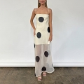 Women Sexy Polka Dot Cami Maxi Dress Backless Satin Mesh Splicing Bodycon Long Dress For Party Streetwear Summer Elegant Evening Gown