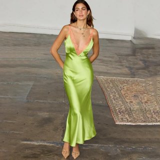 Women's Sexy Satin Lace Patchwork Maxi Dress Backless Deep V Neck Slip Dress Sleeveless High Waist Slim Fit Long Dress For Party Night Out Clubwear Streetwear