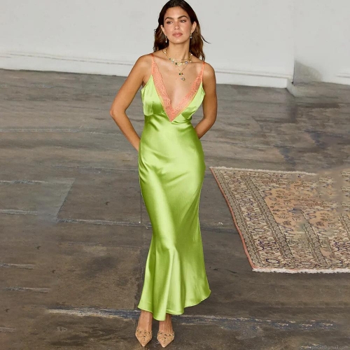Women's Sexy Satin Lace Patchwork Maxi Dress Backless Deep V Neck Slip Dress Sleeveless High Waist Slim Fit Long Dress For Party Night Out Clubwear Streetwear