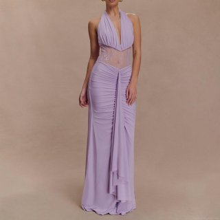 Women Elegant Deep V-Neck Halter Maxi Dress With Lace Hollow Waist Sexy Backless Pleated Long Evening Party Dress For Lady Polyester Spandex Lace