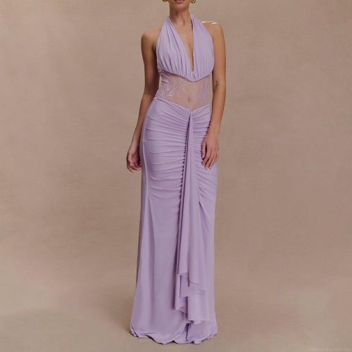 Women Elegant Deep V-Neck Halter Maxi Dress With Lace Hollow Waist Sexy Backless Pleated Long Evening Party Dress For Lady Polyester Spandex Lace