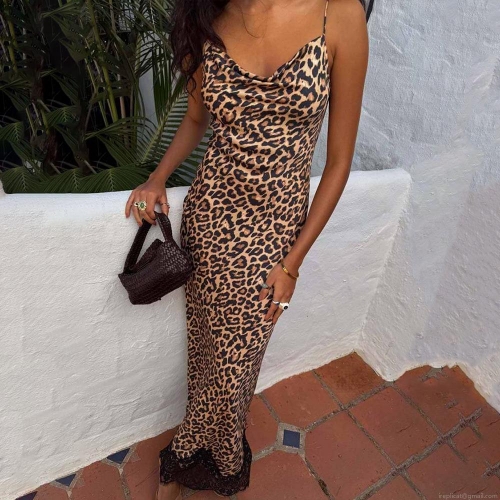 Women's Sexy Leopard Print Sling Maxi Dress With Black Lace Hem Satin Polyester Slim Fit Slip Dress For Summer Vacation Party Spicy Girl Streetwear